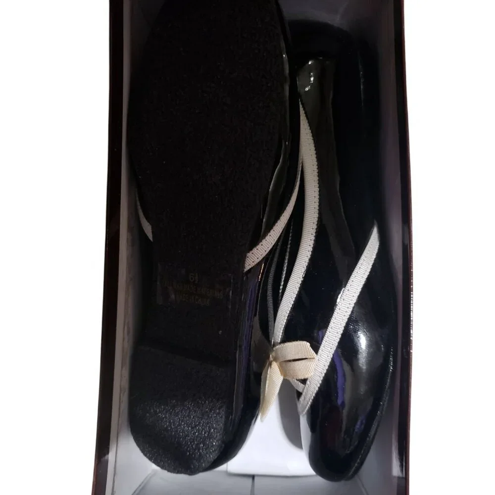 Liliana Black & White Patent Vegan Leather Ballet Flats Bow Embellished 6.5